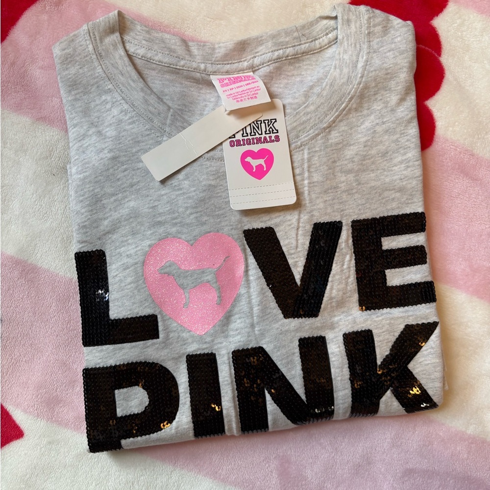 Gray and Black Short Sleeve Tee with Heart Design by PINK Victoria's Secret